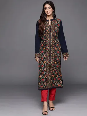 Blue Embroidered Wool Straight Kurta