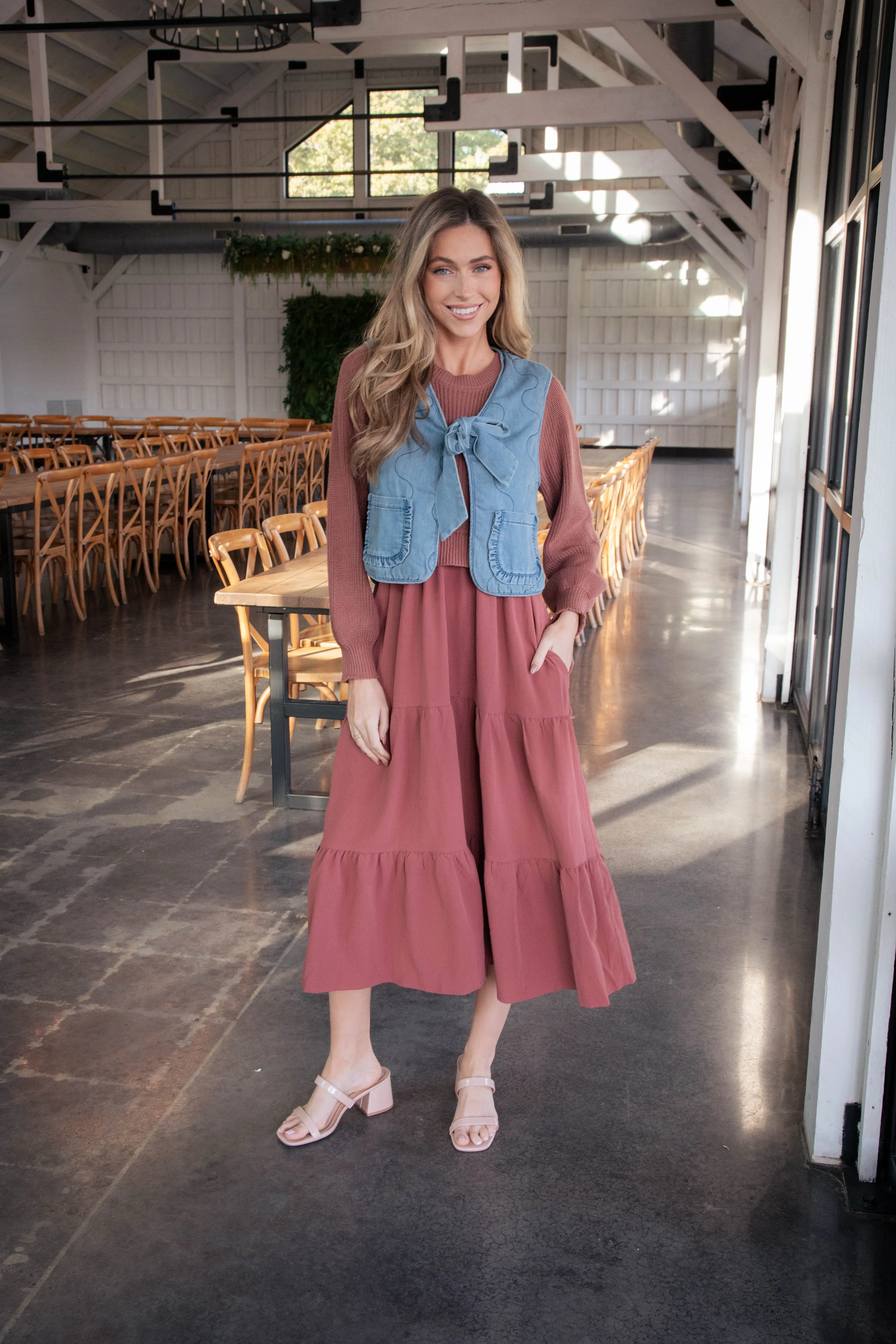 Brandi Curved Seam Bow Vest, Denim