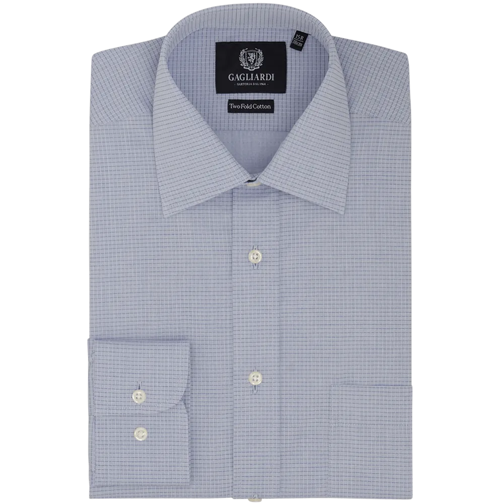 Mid Blue Checked Tailored Fit Classic Collar Shirt