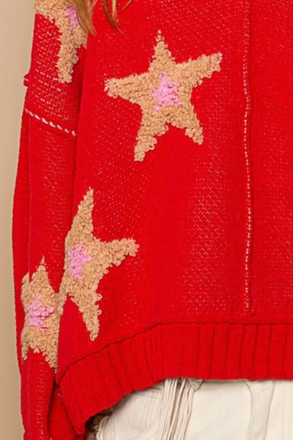 Red Long Sleeve Star Patch Sweater