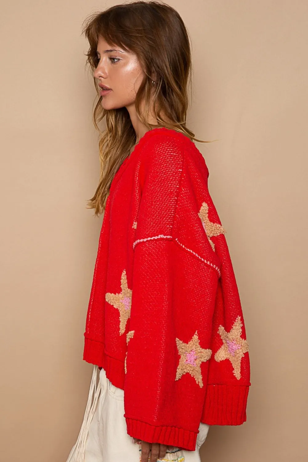 Red Long Sleeve Star Patch Sweater