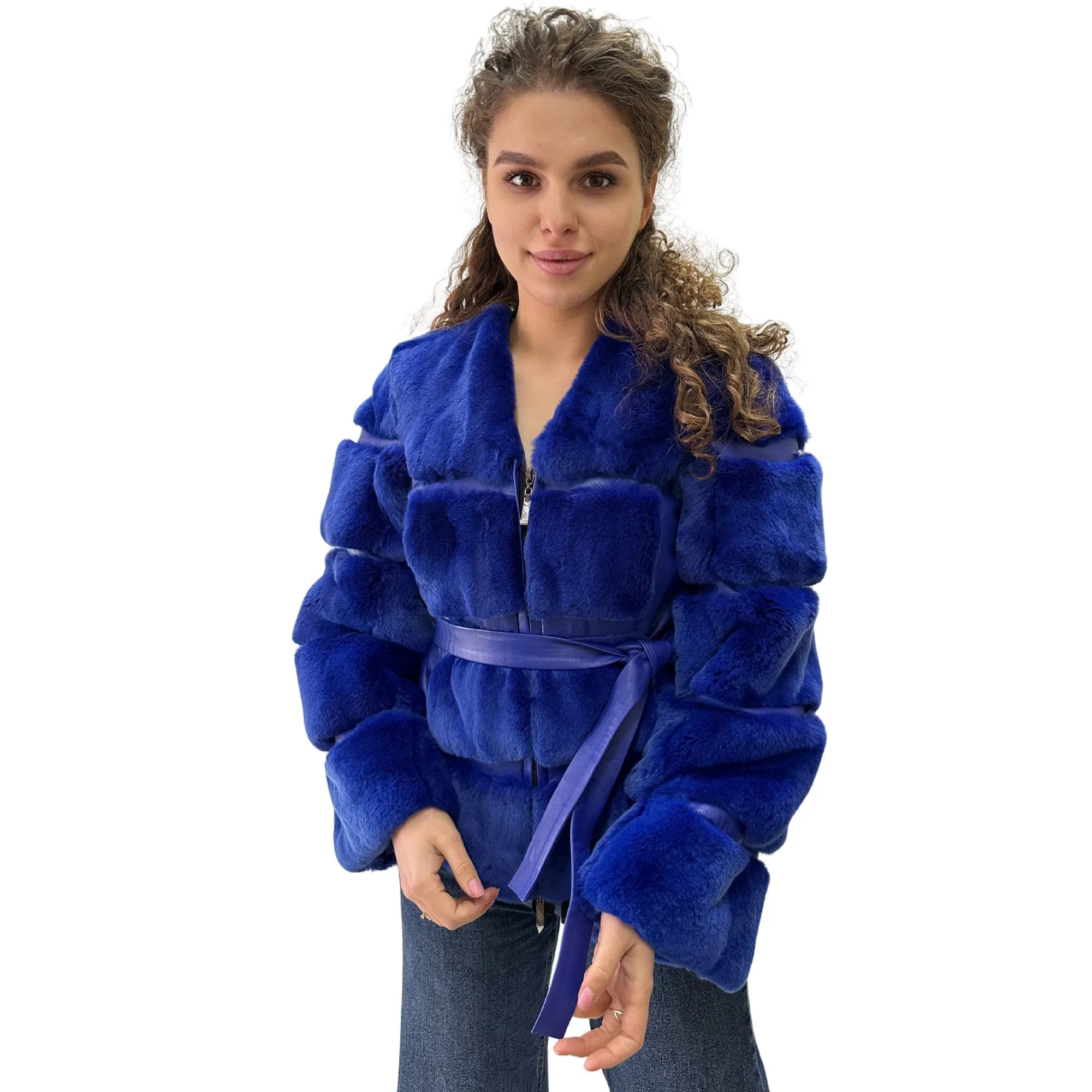 Royal Blue Fur Jacket coat made of natural leather and rex rabbit fur (S)