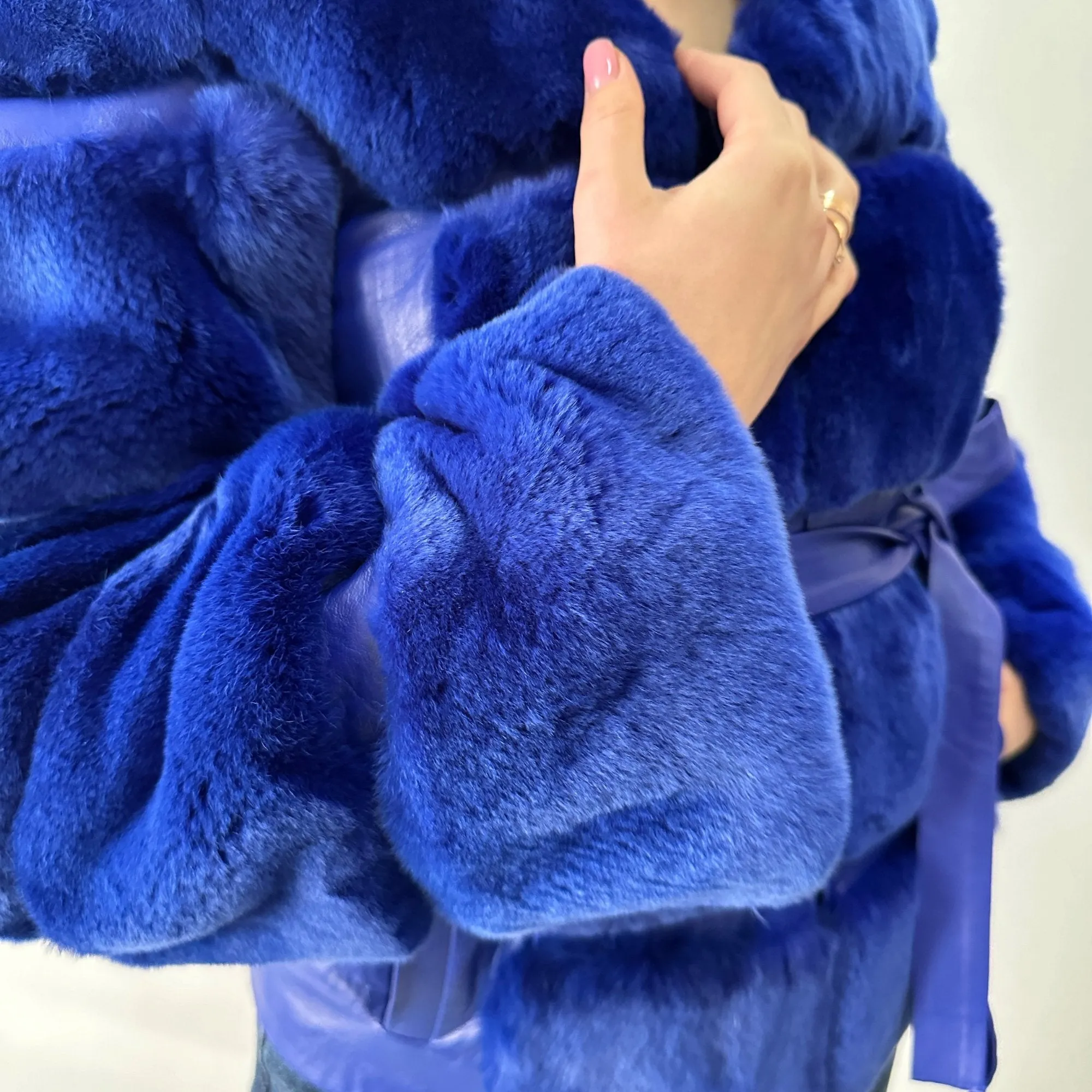 Royal Blue Fur Jacket coat made of natural leather and rex rabbit fur (S)