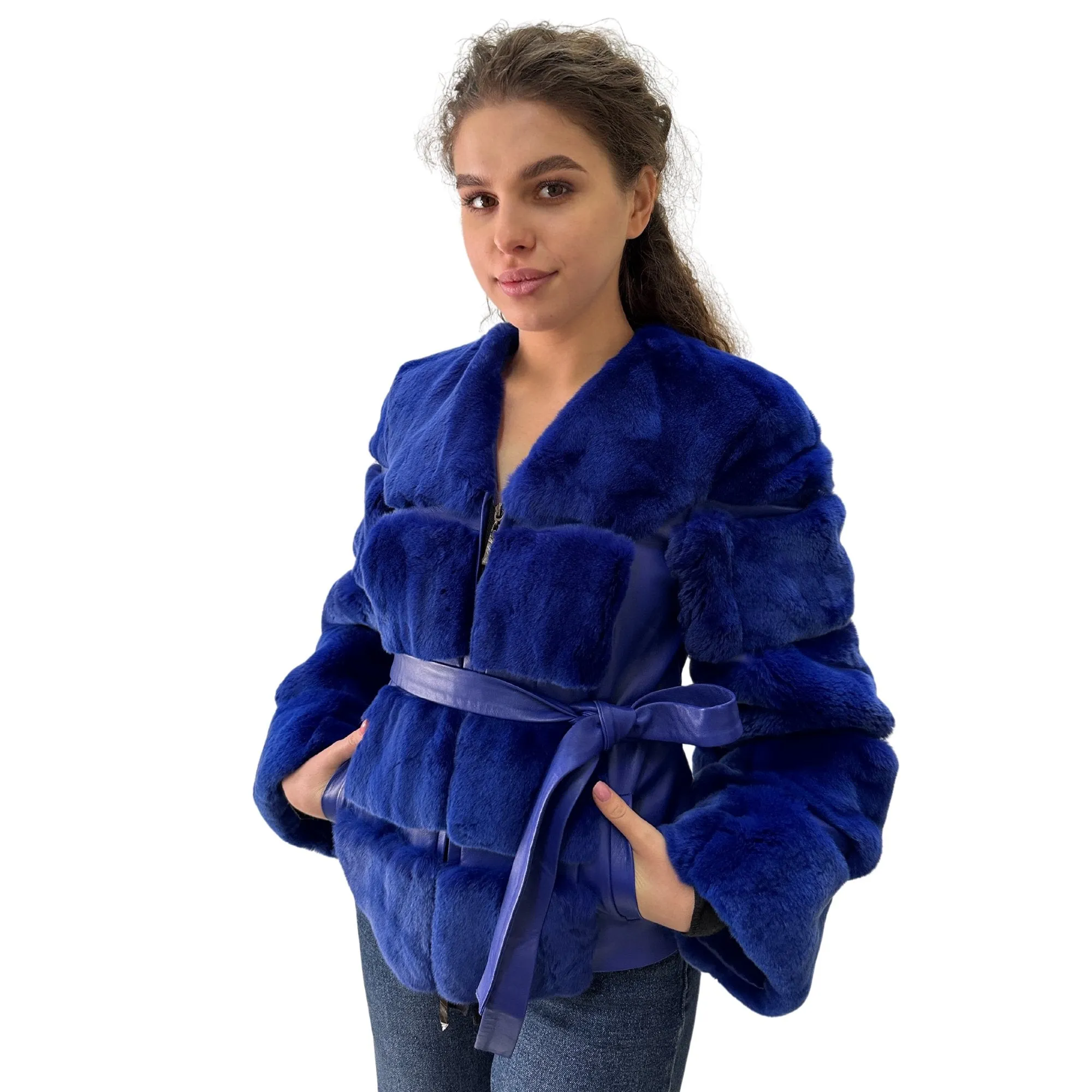 Royal Blue Fur Jacket coat made of natural leather and rex rabbit fur (S)