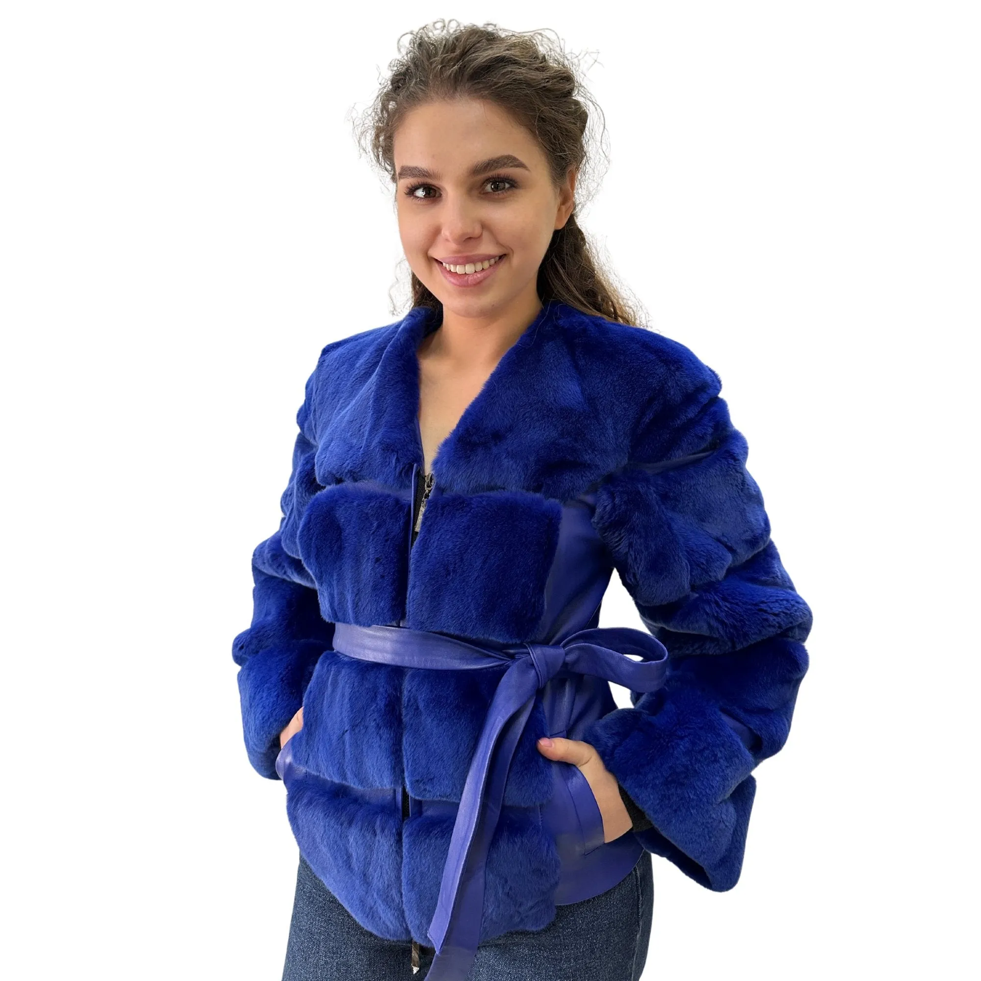 Royal Blue Fur Jacket coat made of natural leather and rex rabbit fur (S)