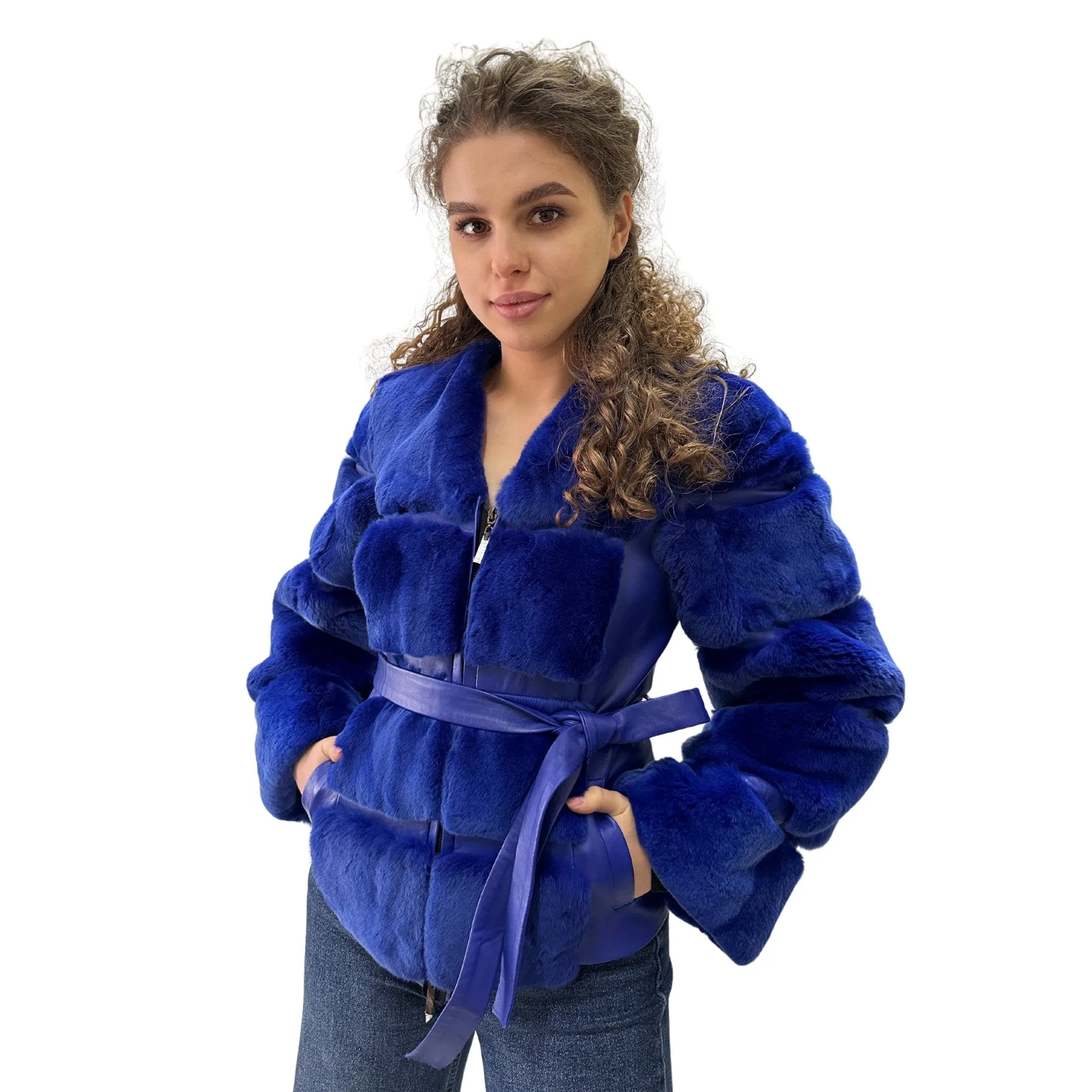 Royal Blue Fur Jacket coat made of natural leather and rex rabbit fur (S)