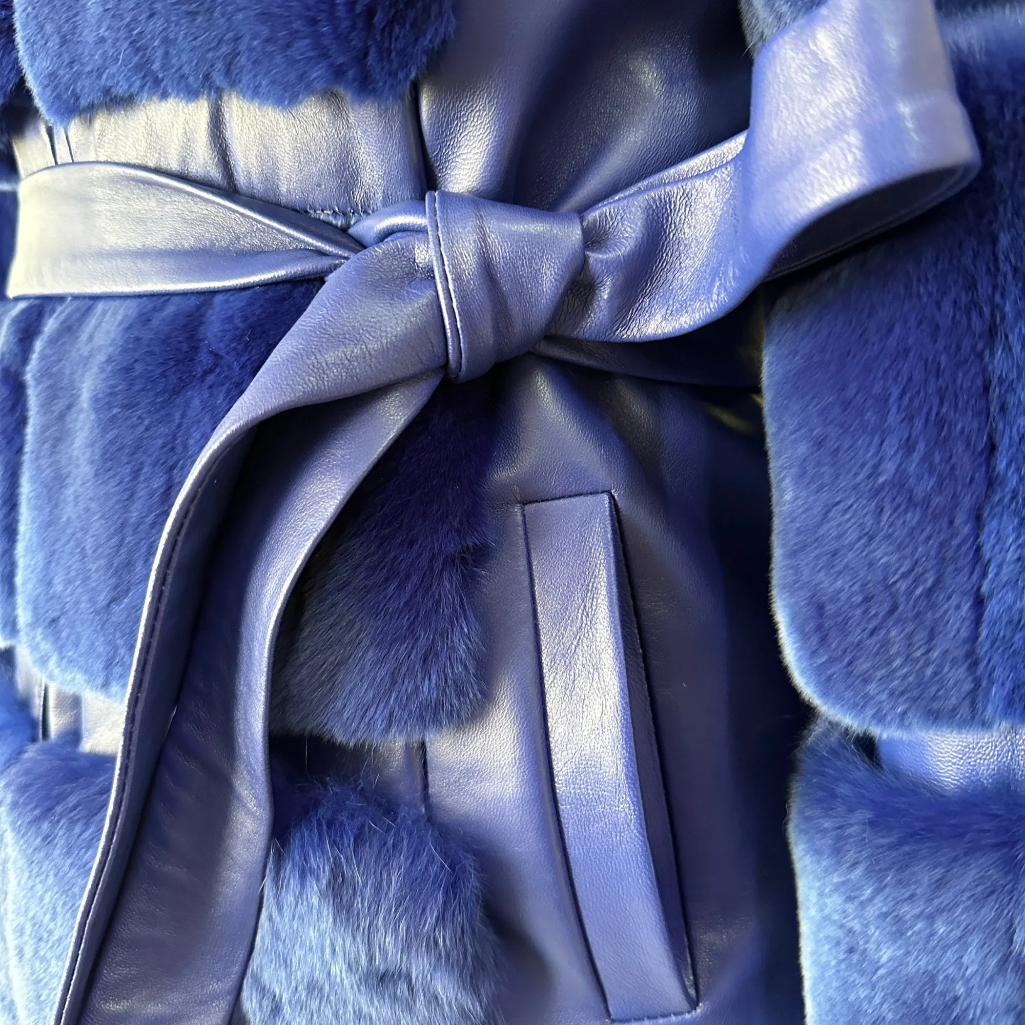 Royal Blue Fur Jacket coat made of natural leather and rex rabbit fur (S)