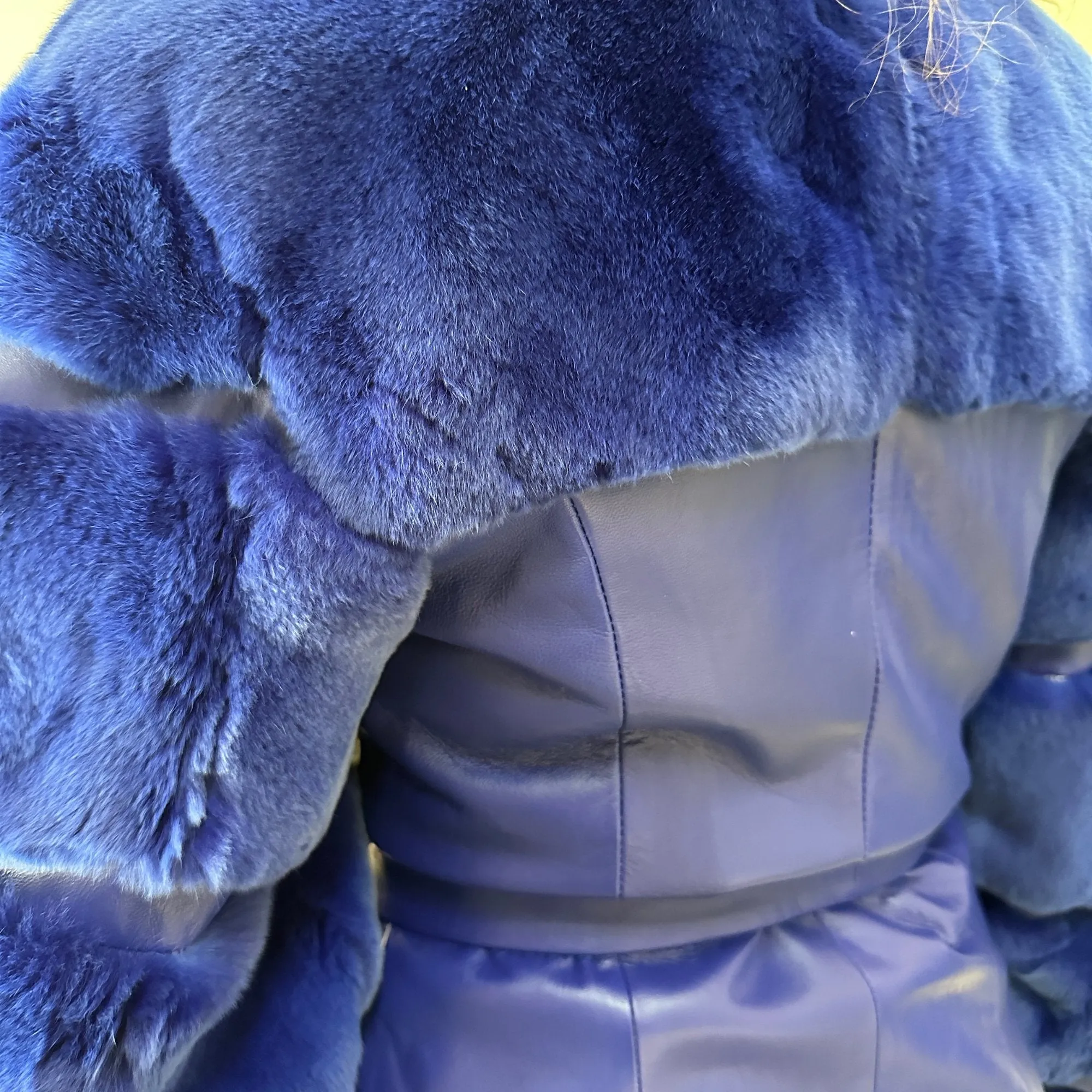 Royal Blue Fur Jacket coat made of natural leather and rex rabbit fur (S)