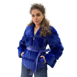 Royal Blue Fur Jacket coat made of natural leather and rex rabbit fur (S)