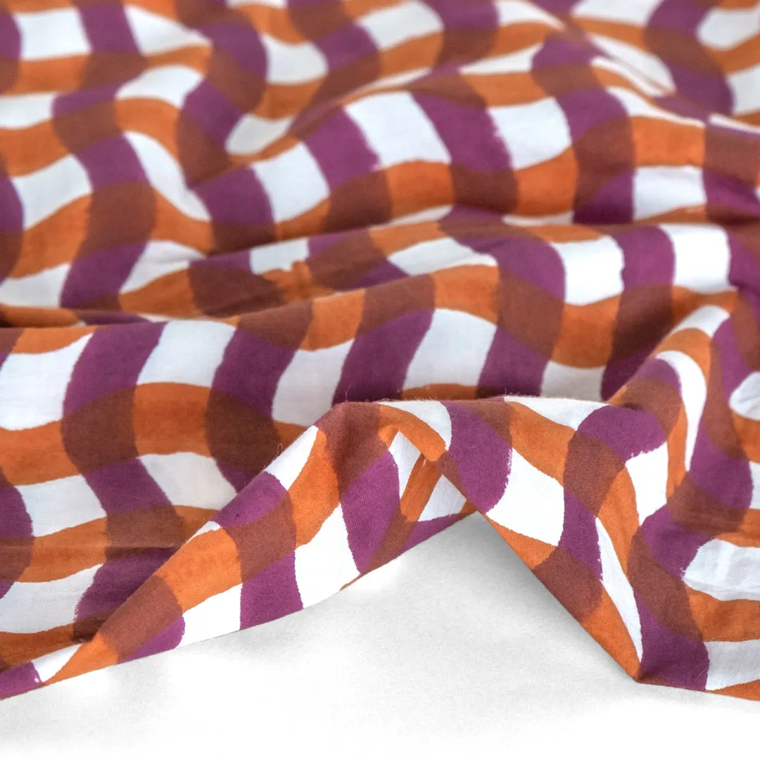 Wavy Gingham Block Printed Organic Cotton Poplin - Burnt Orange/Berry/White