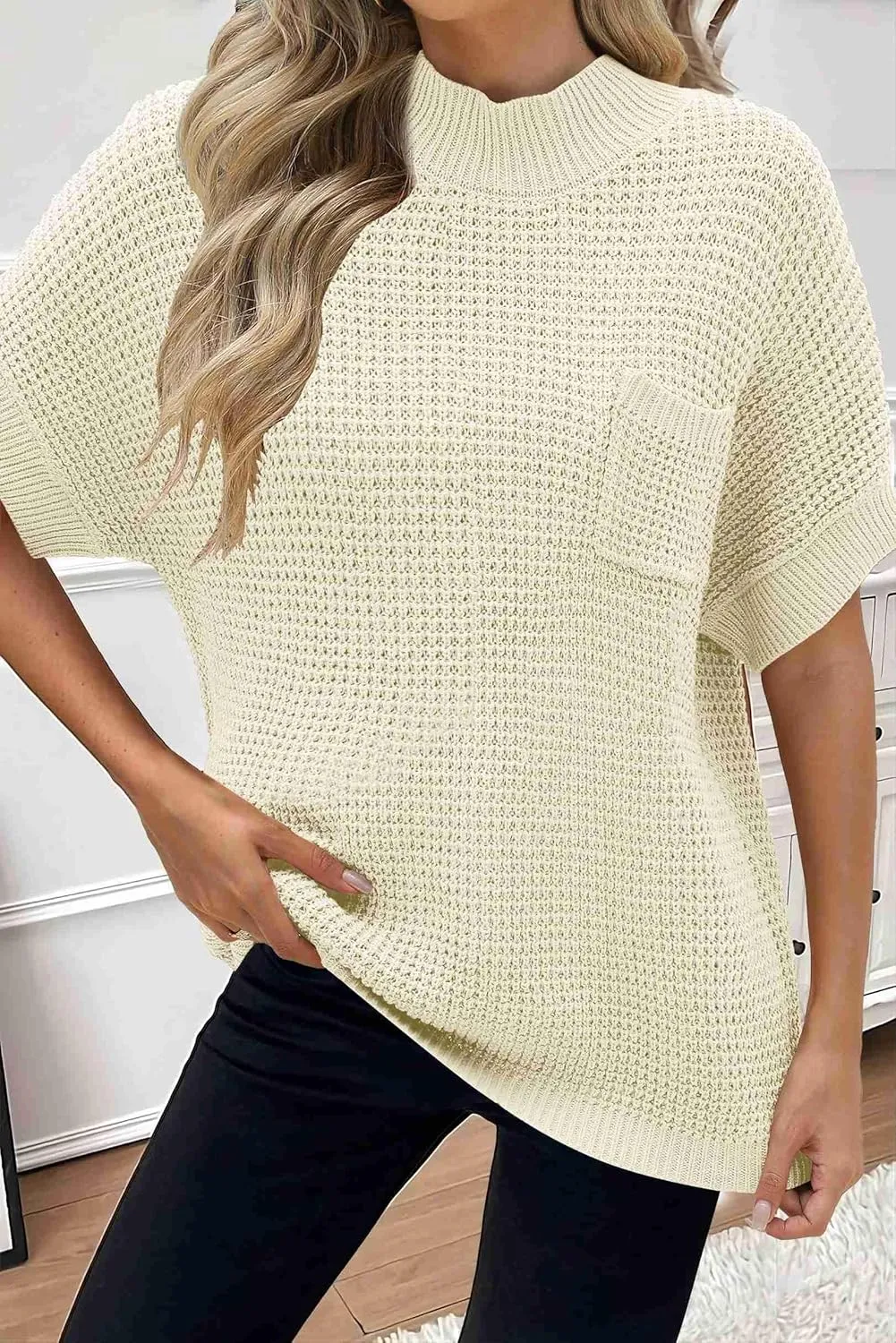 Zeagoo Women 2024 Sweater Vest Mock Neck Batwing Short Sleeve Oversized Ribbed Knit Tops Fall Pullover Sweater S-XXL